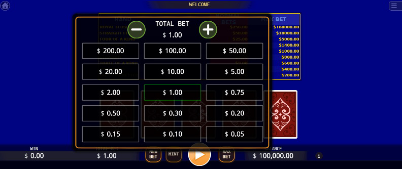 1win video poker bet size